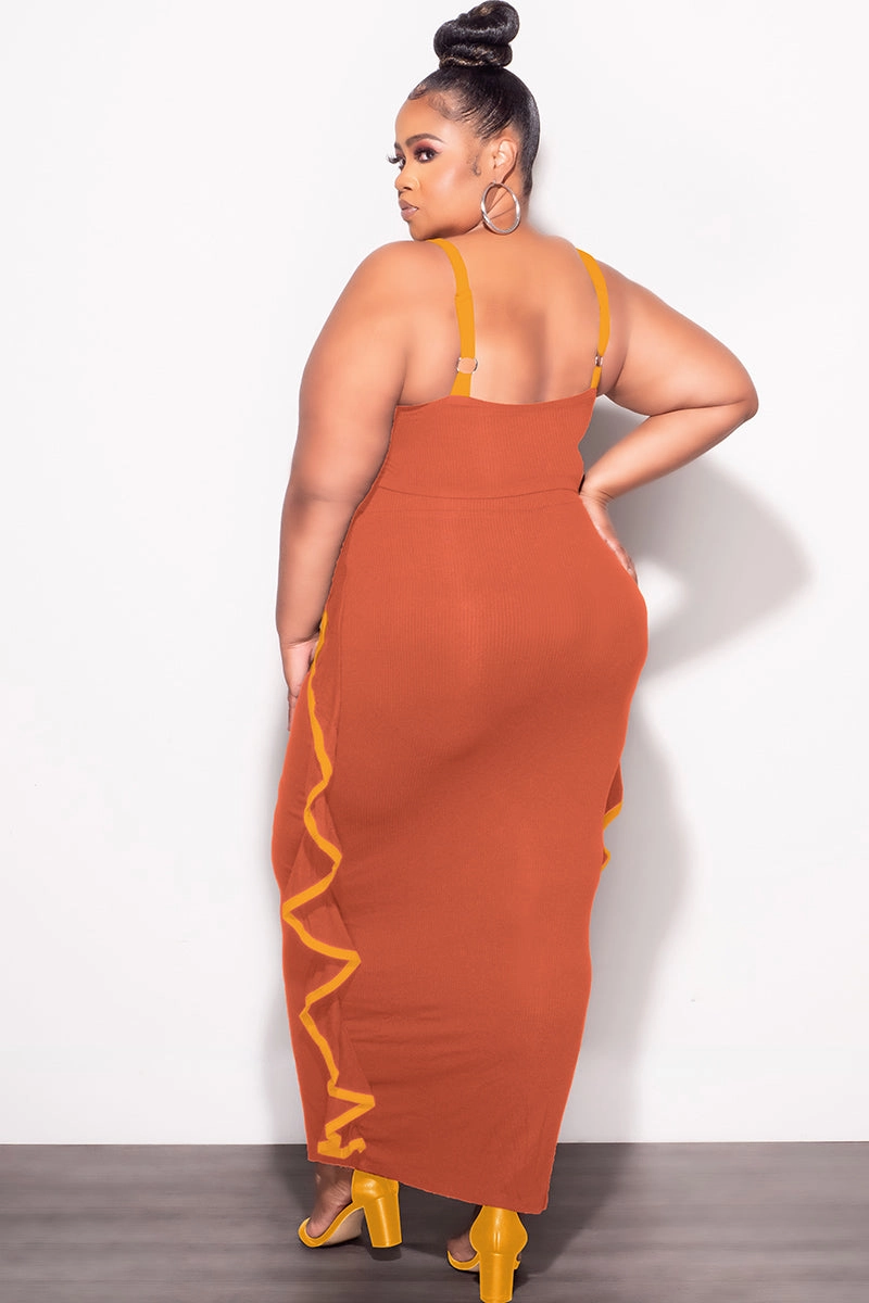 Stain Release Finish All-day Comfort Final Sale Plus Size 2pc Crop Top and Ruffle Skirt Set in Rust and Mustard