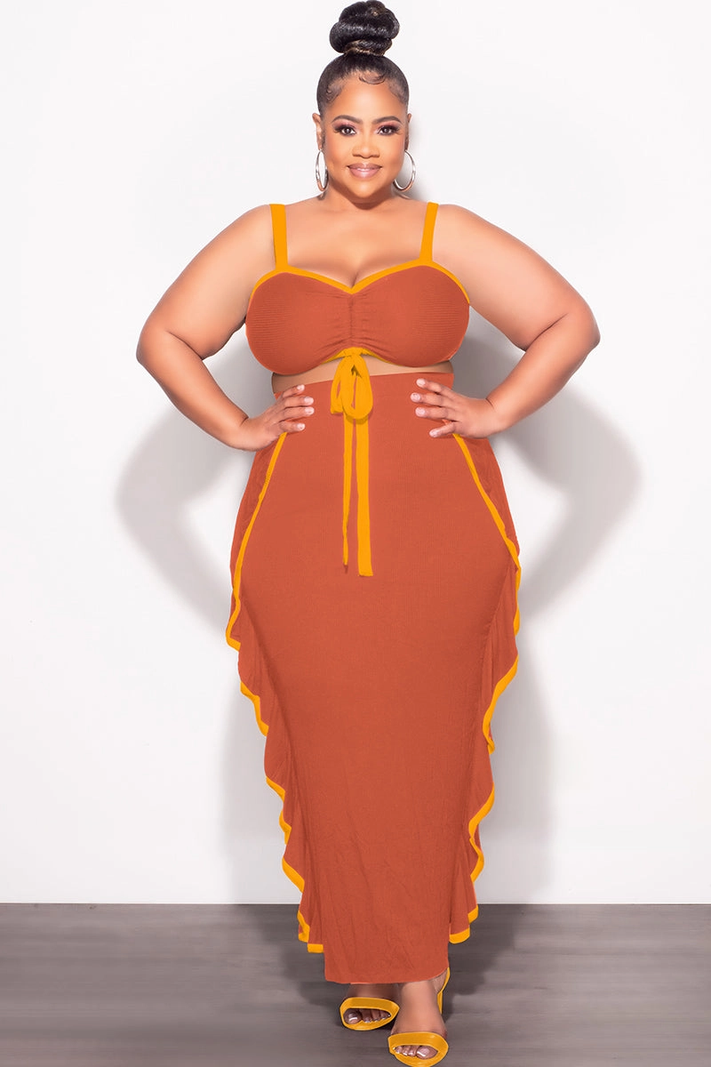 Trendy Waist Perfect Movement Final Sale Plus Size 2pc Crop Top and Ruffle Skirt Set in Rust and Mustard