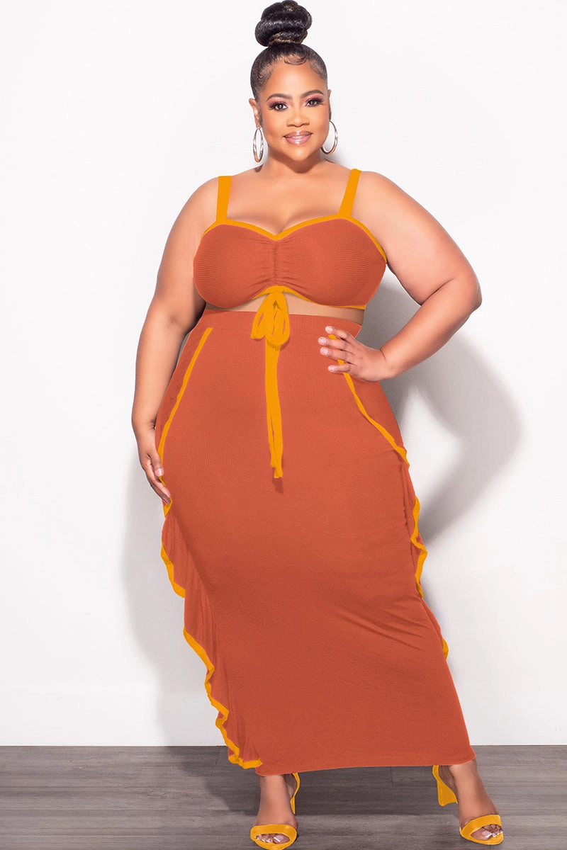 Final Sale Plus Size 2pc Crop Top and Ruffle Skirt Set in Rust and Mustard Perfect Movement High Mobility