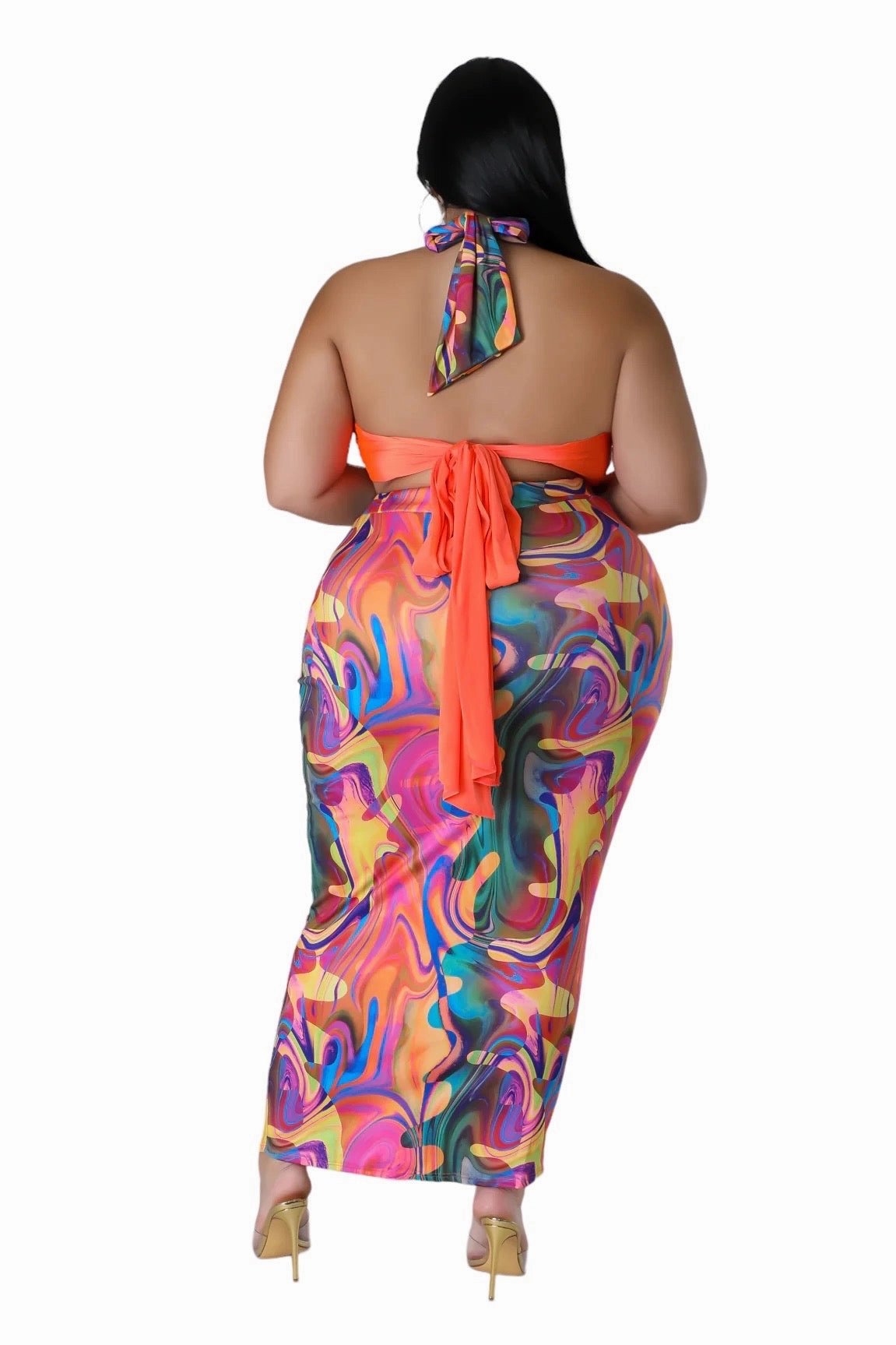 Moisture Management Final Sale Plus Size 2pc Set in Orange Multi-Color Skirt & Top