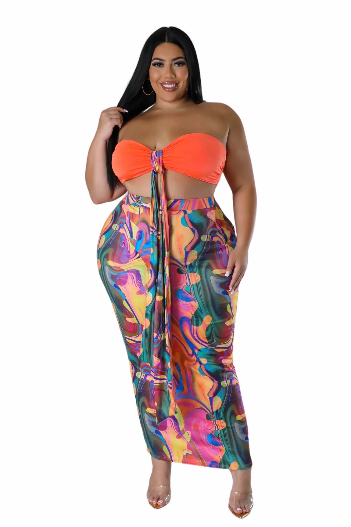 Final Sale Plus Size 2pc Set in Orange Multi-Color Skirt & Top Easy Match Rubberized Hem