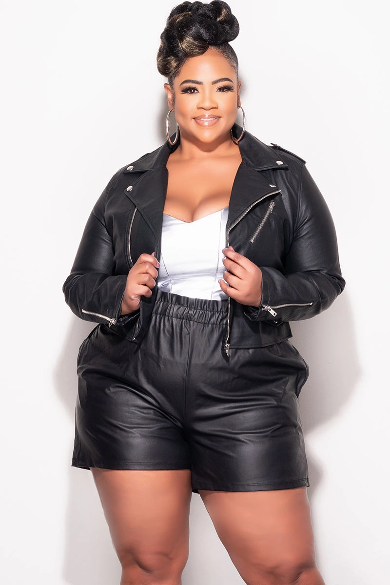 Stain Resistant Weave Final Sale Plus Size Vegan Leather Jacket in Black