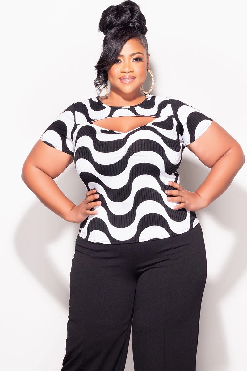Final Sale Plus Size Short Sleeve Top with Front Cutout in Black and White Dynamic Flex Panels Non Binding Waist