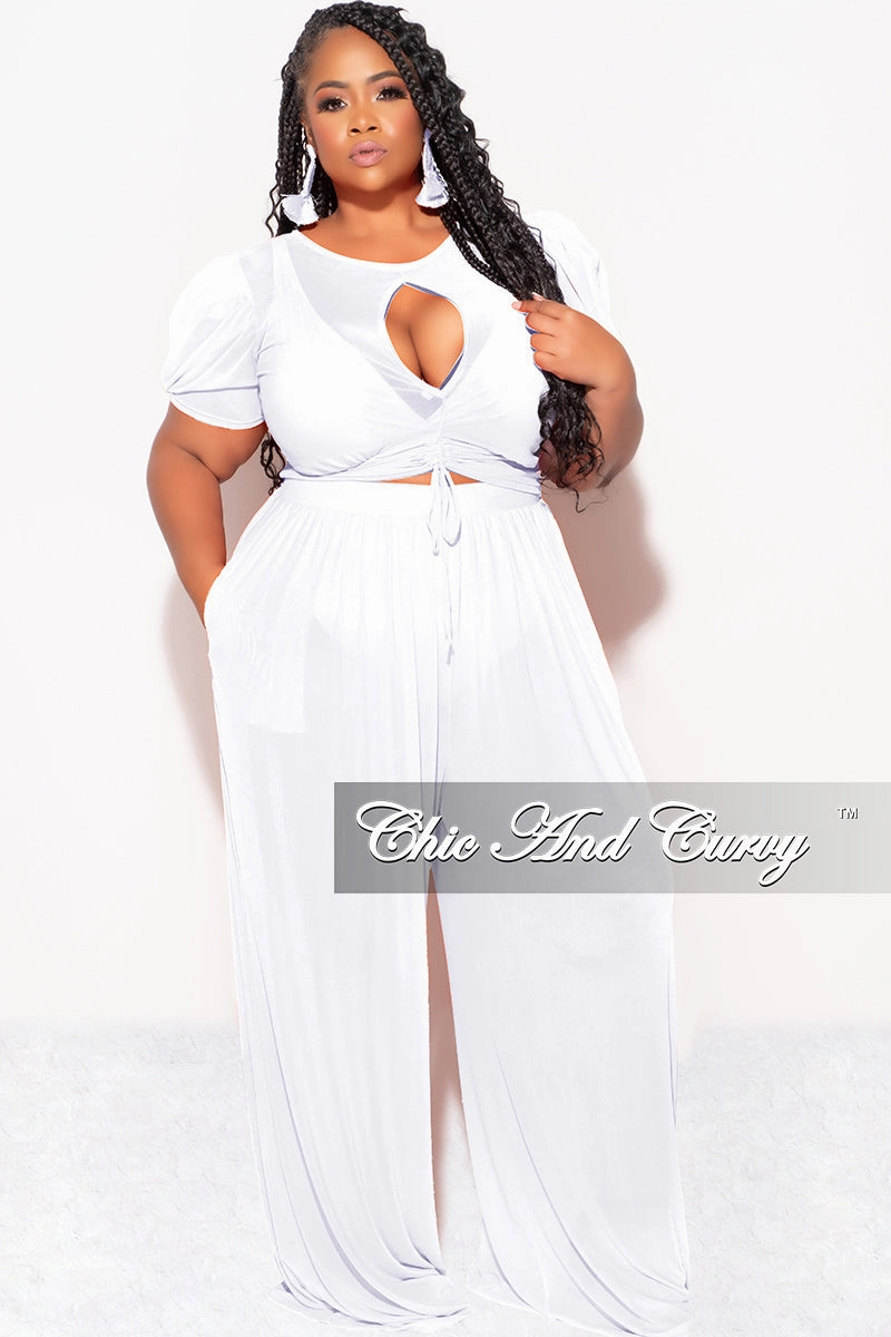 Final Sale Plus Size Mesh 3pc Set Top, Bralette, & Pant with Briefs in White Quick Layering No Ride Fit