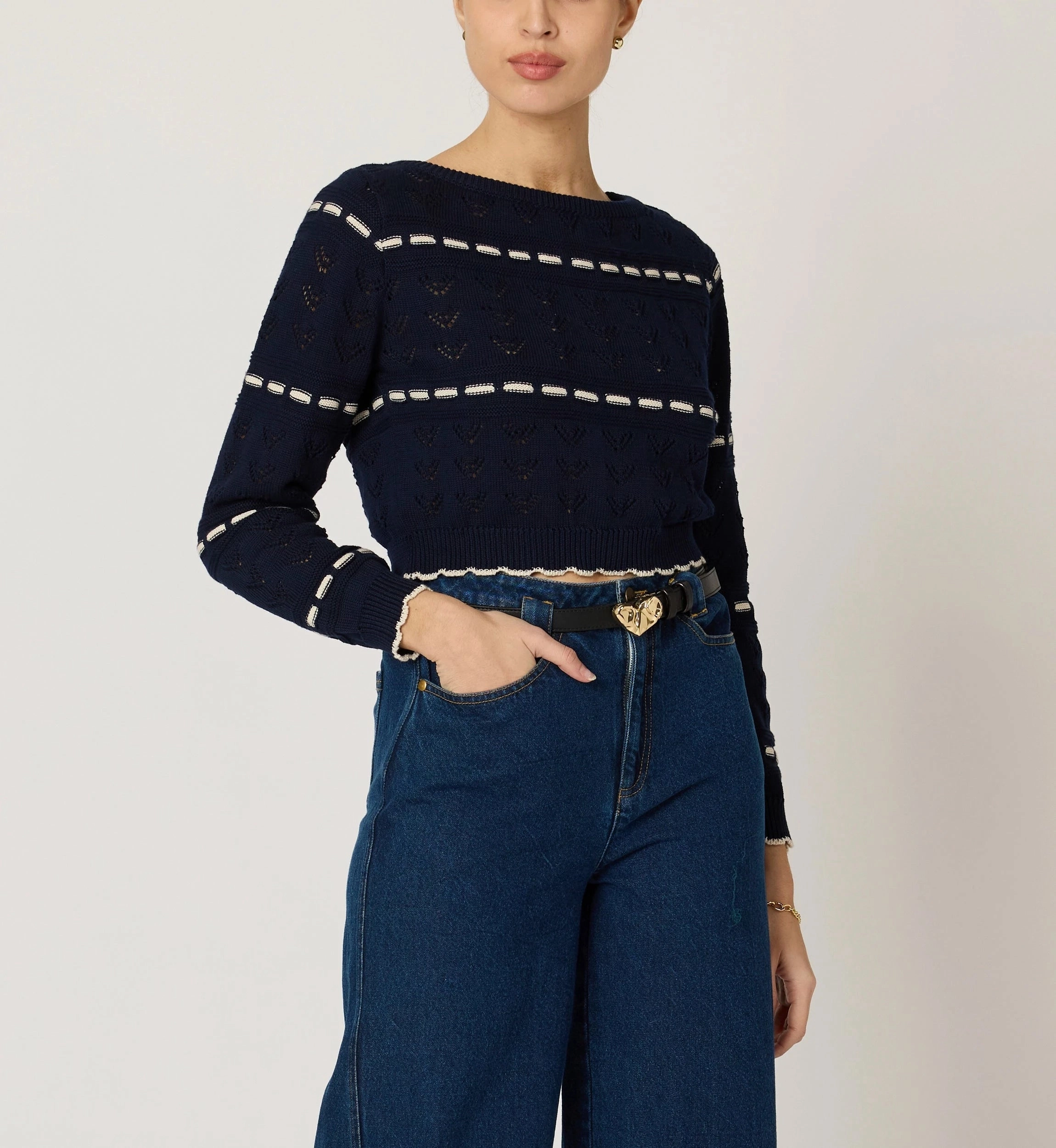 Estrella Sweater | Dark Blue/Ivory LightweightTexture Hidden Zipper