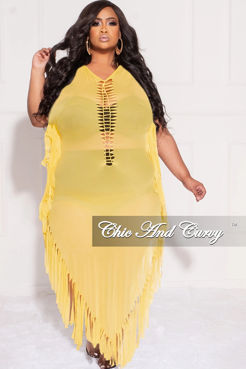 Final Sale Plus Size Mesh Cover-Up Dress with Cutout Front and Fringe Trim in Yellow ThermalRegulation