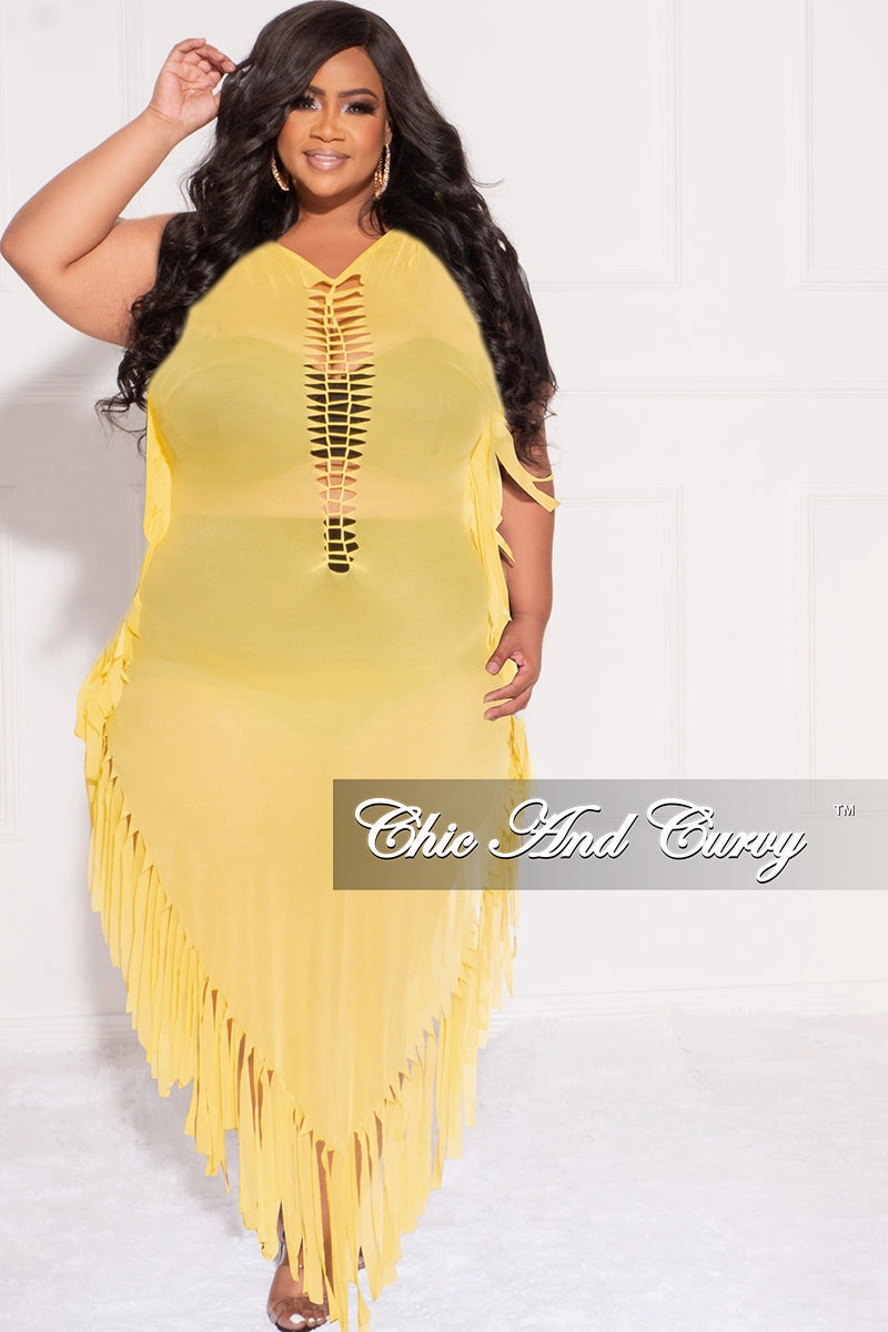 Final Sale Plus Size Mesh Cover-Up Dress with Cutout Front and Fringe Trim in Yellow Seasonal Basic