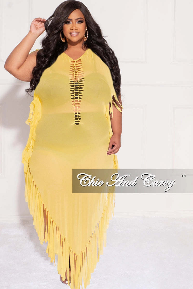 Long Use Final Sale Plus Size Mesh Cover-Up Dress with Cutout Front and Fringe Trim in Yellow