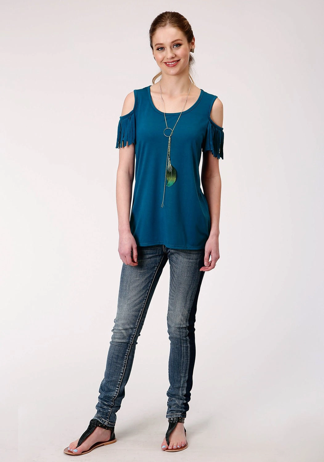 Roper Womens Navy Blue Poly/Rayon Cold Shoulders S/S T-Shirt color block