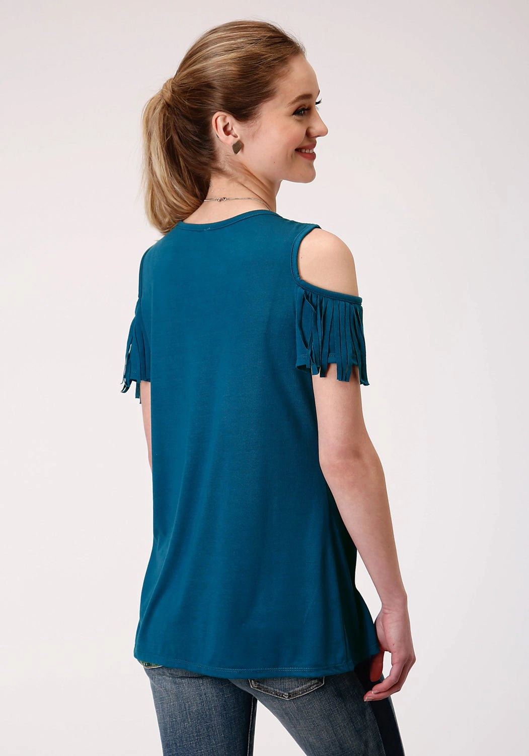 Roper Womens Navy Blue Poly/Rayon Cold Shoulders S/S T-Shirt Loose Fit