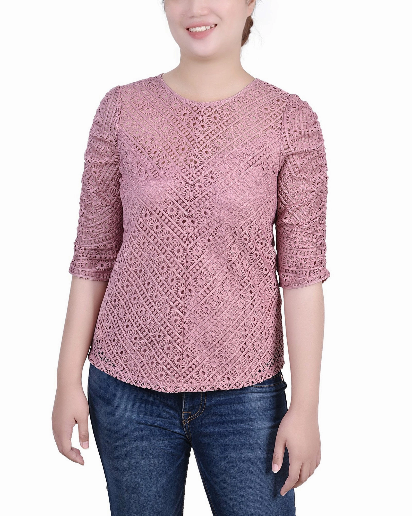 AbrasionResistant Edging Petite Rouched Sleeve Lace Top