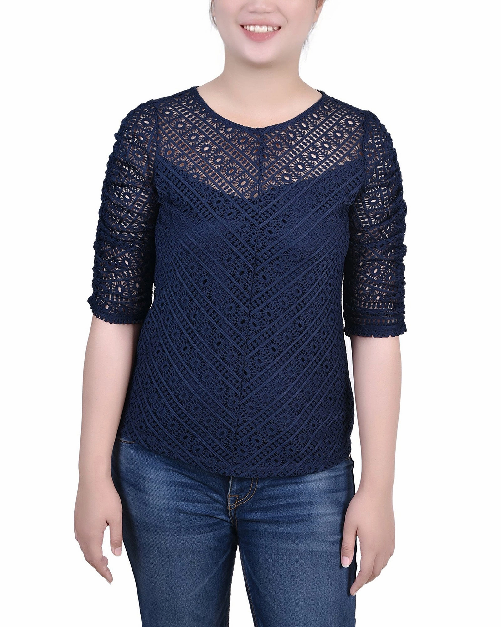 Petite Rouched Sleeve Lace Top NonRestrictive Armholes