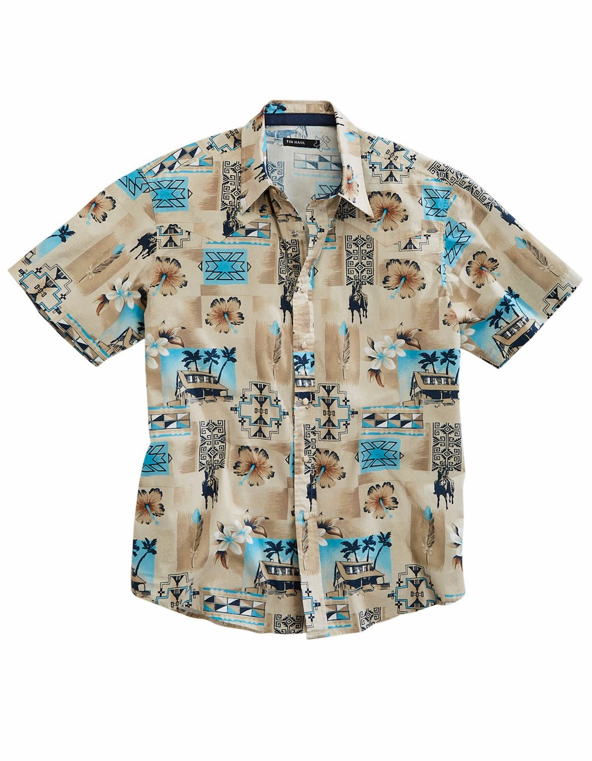Tin Haul Mens 1953 Tiki Blue 100% Cotton S/S Shirt color block Eco-friendly
