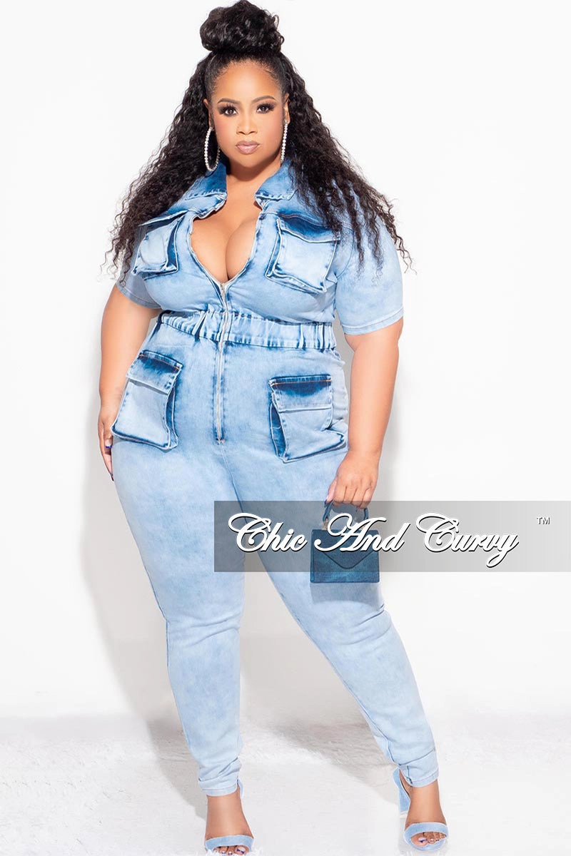 Final Sale Plus Size Zip up Jumpsuit in Blue Denim Breathable Lining Bootcut shape
