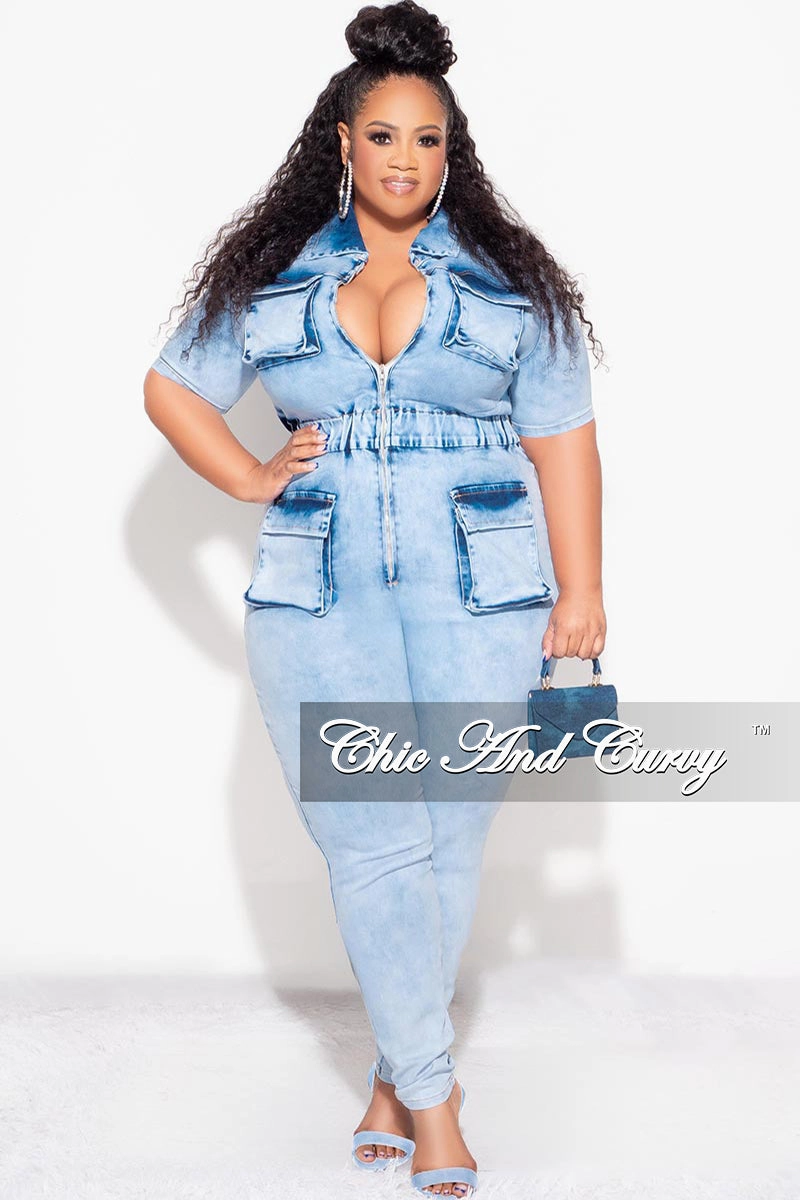Layered Panel Design Final Sale Plus Size Zip up Jumpsuit in Blue Denim