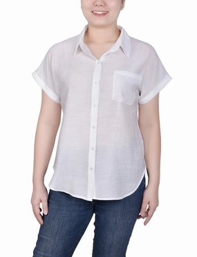 Petite Short Sleeve Woven Front/Jersey Back Blouse AntiBacterial Coating