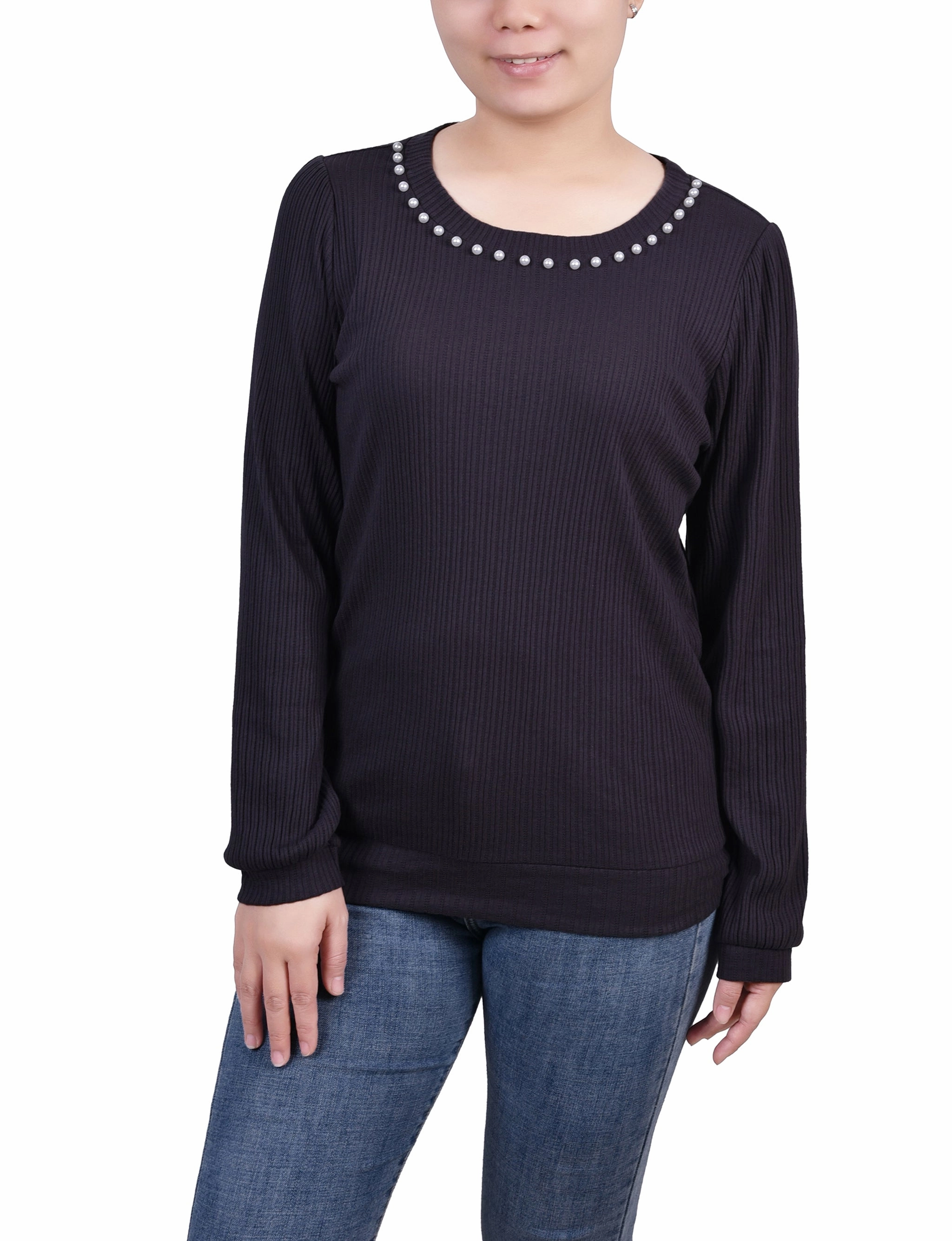 PreWashed Long Sleeve Ribbed Pearl Trimmed Top