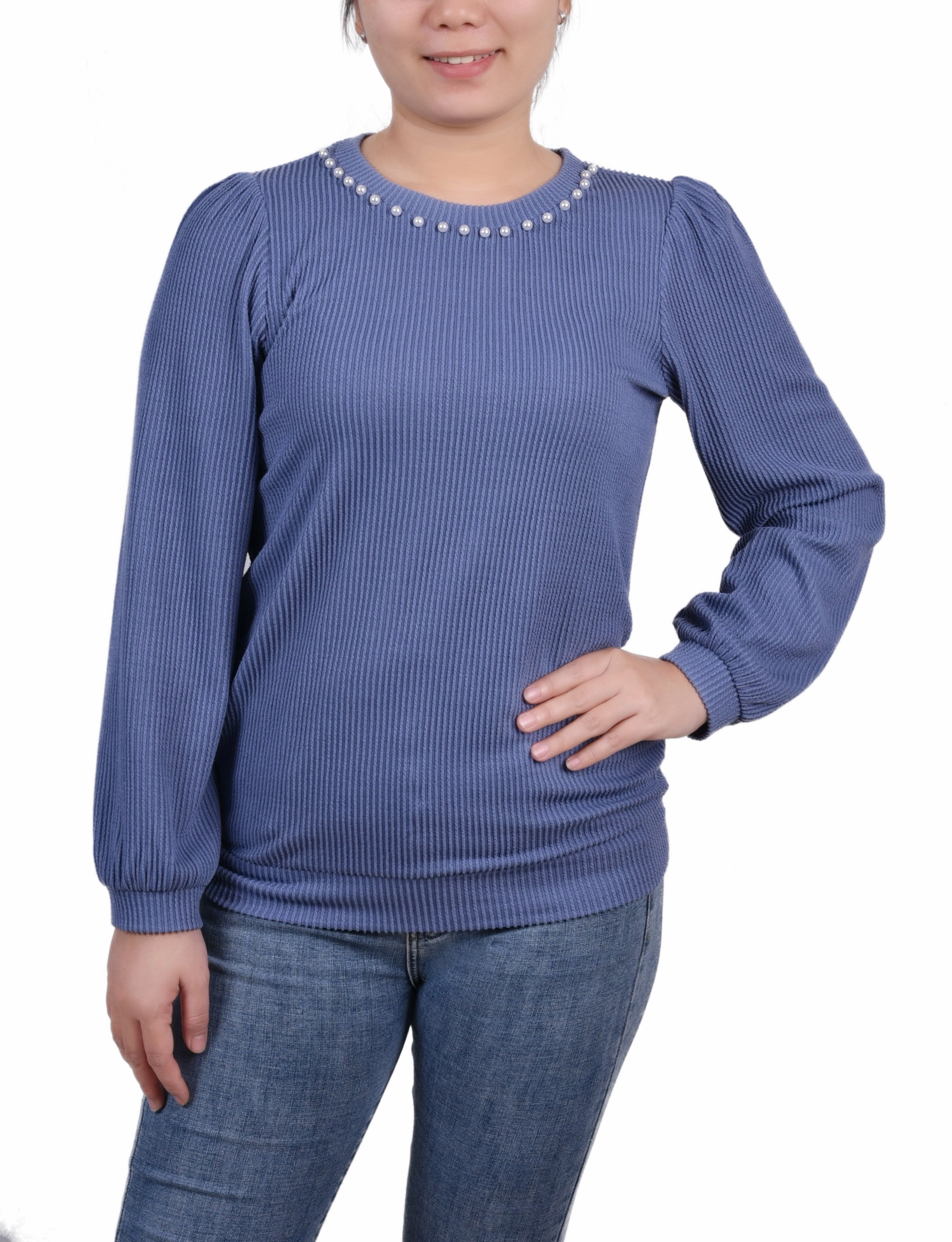 Long Sleeve Ribbed Pearl Trimmed Top FourWay Stretch