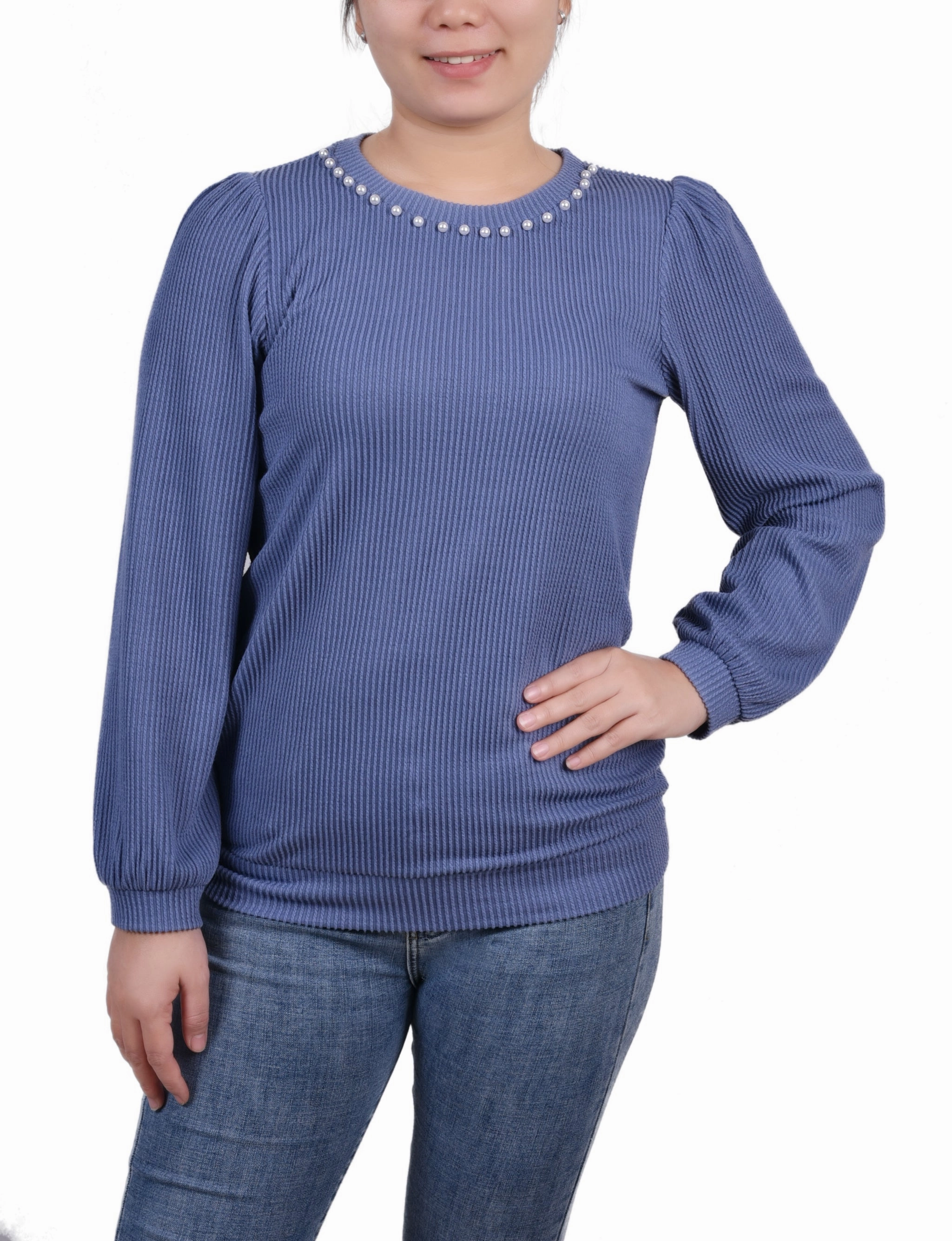 Long Sleeve Ribbed Pearl Trimmed Top Tailored Placket