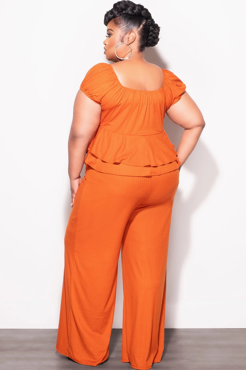 Final Sale Plus Size 2pc Ribbed Peplum Top and Pants Set in Orange Dynamic Flex Panels Relaxed Comfort Look