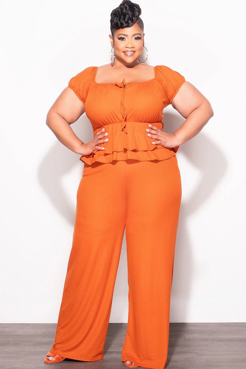 Final Sale Plus Size 2pc Ribbed Peplum Top and Pants Set in Orange Stay Cool Cozy Layer
