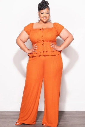 Light wash Final Sale Plus Size 2pc Ribbed Peplum Top and Pants Set in Orange