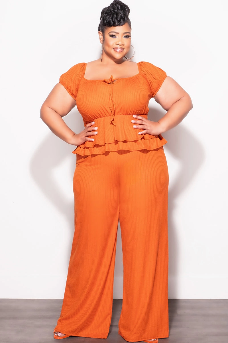 Reflective accents Final Sale Plus Size 2pc Ribbed Peplum Top and Pants Set in Orange