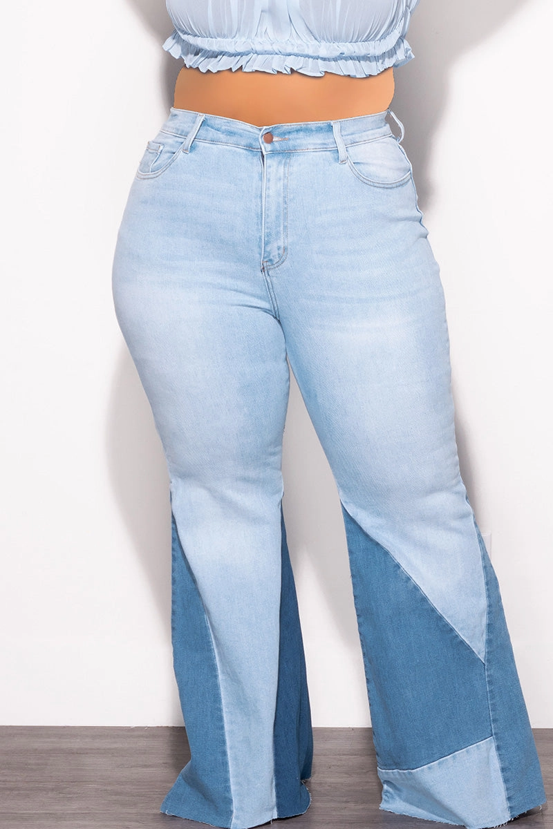 Final Sale Plus Size Color Block Flare Jeans in Light Denim Eco Friendly Dyeing