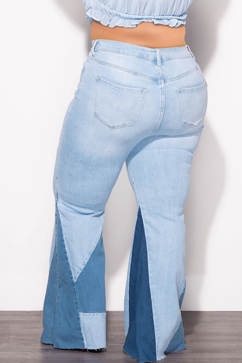 Final Sale Plus Size Color Block Flare Jeans in Light Denim Hip Friendly Pockets