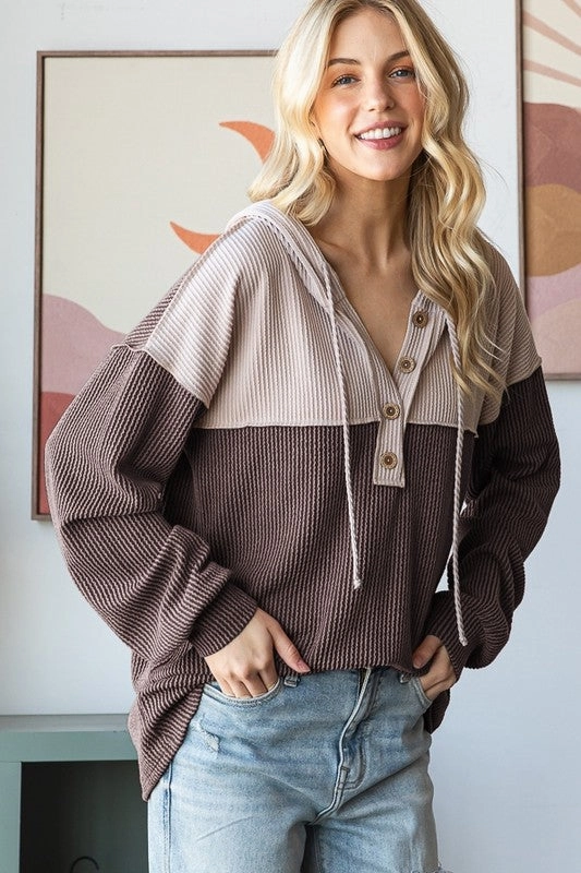 Urban Ribbed Contrast Hoodie With Button RibbedTrim Ergonomic Shoulder Shape