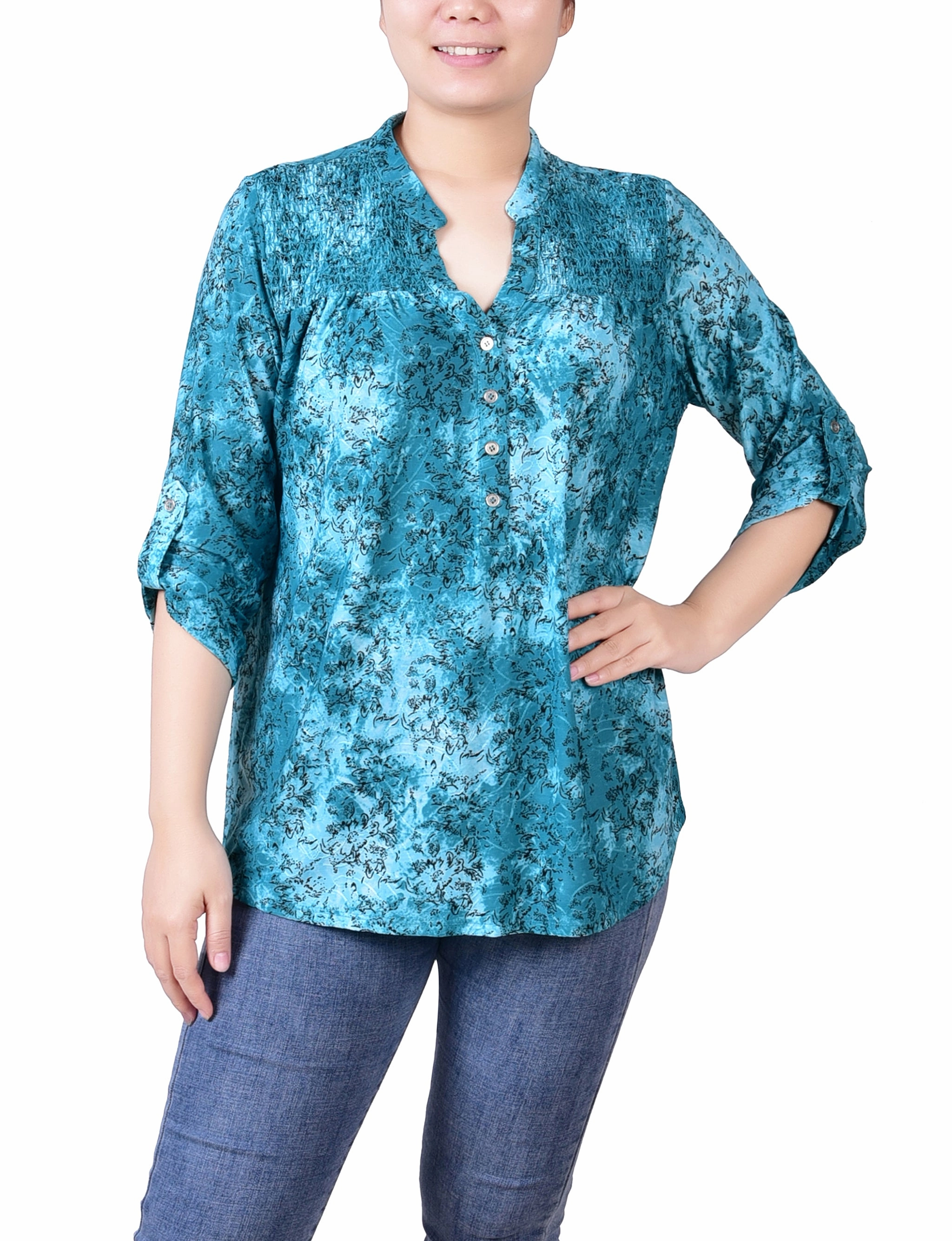 ErgonomicShape NonIrritating Stitching Petite 3/4 Roll Tab Sleeve Smocked-Yoke Top