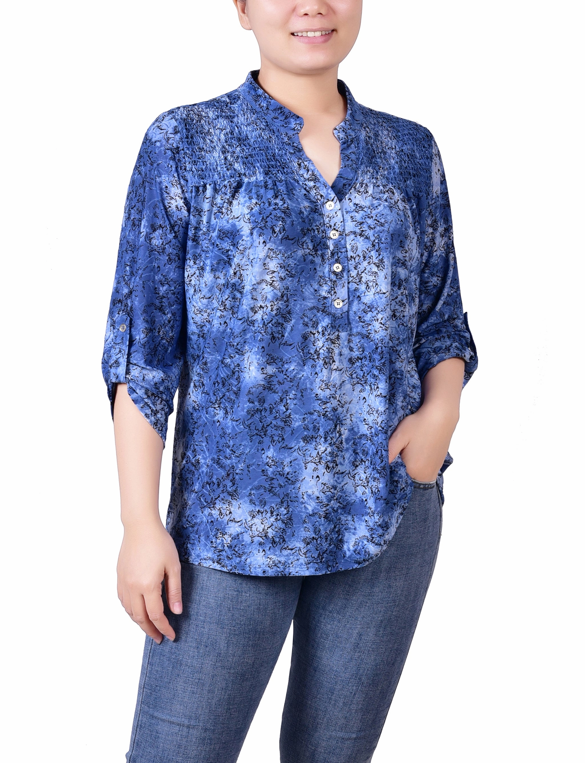 Petite 3/4 Roll Tab Sleeve Smocked-Yoke Top Compression Gradient Chic Cardigan