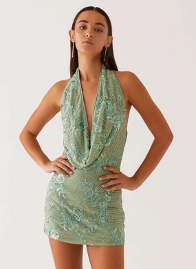 Olisa Cowl Neck Beaded Mini Dress - Mint Heart Tone Simple Touch
