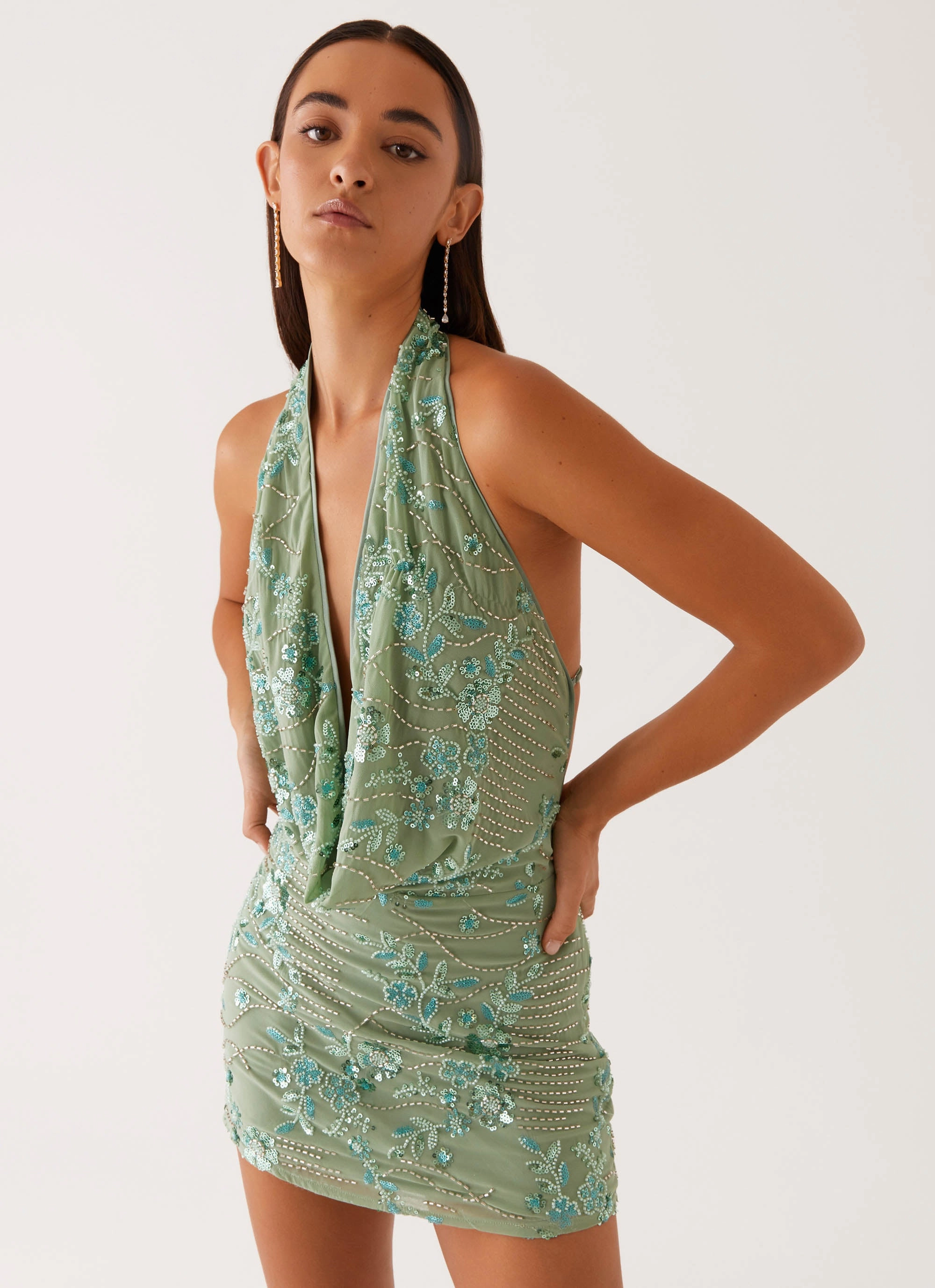 Travel Essential Olisa Cowl Neck Beaded Mini Dress - Mint