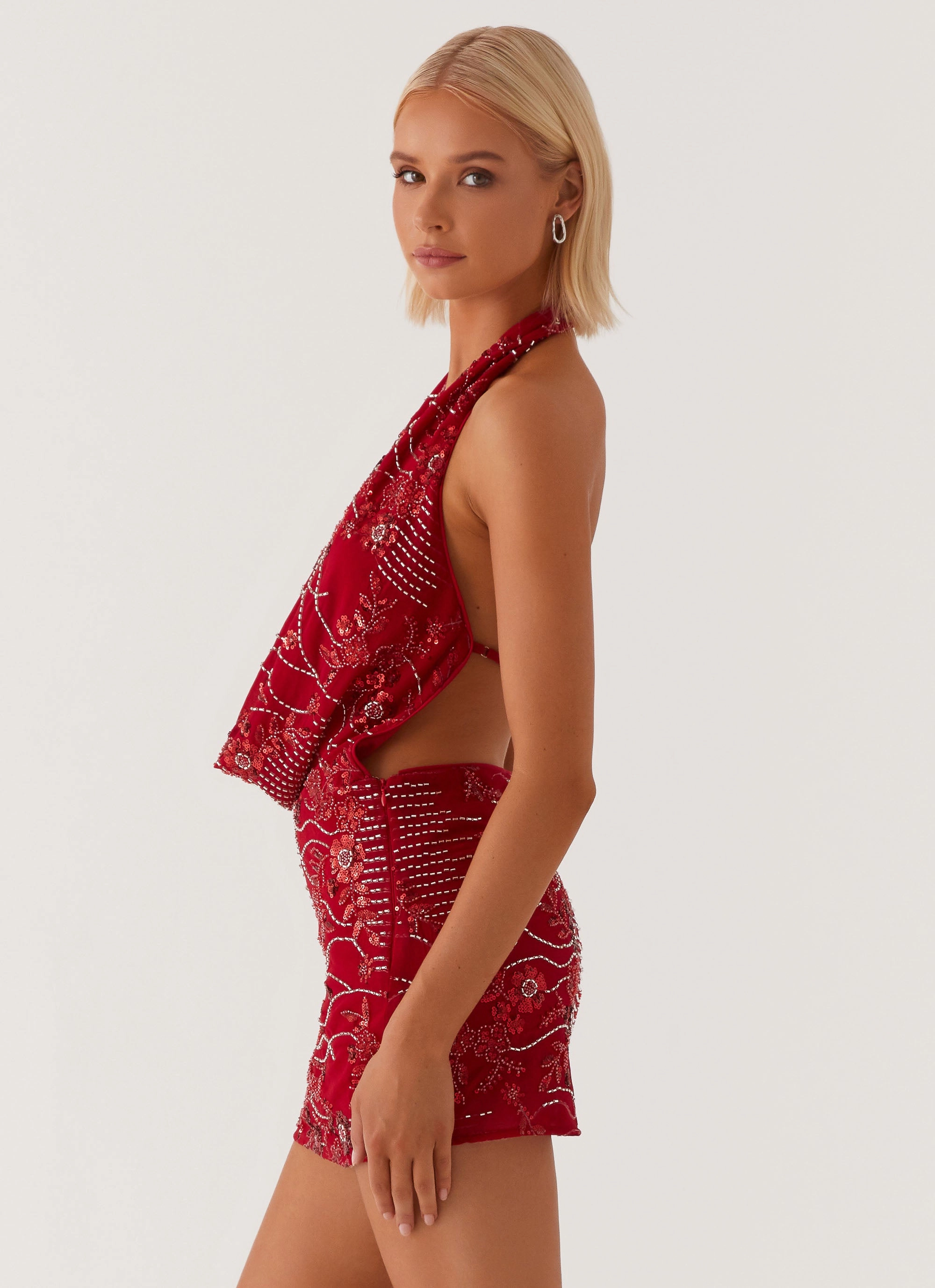 Side Ruching Olisa Cowl Neck Beaded Mini Dress - Red