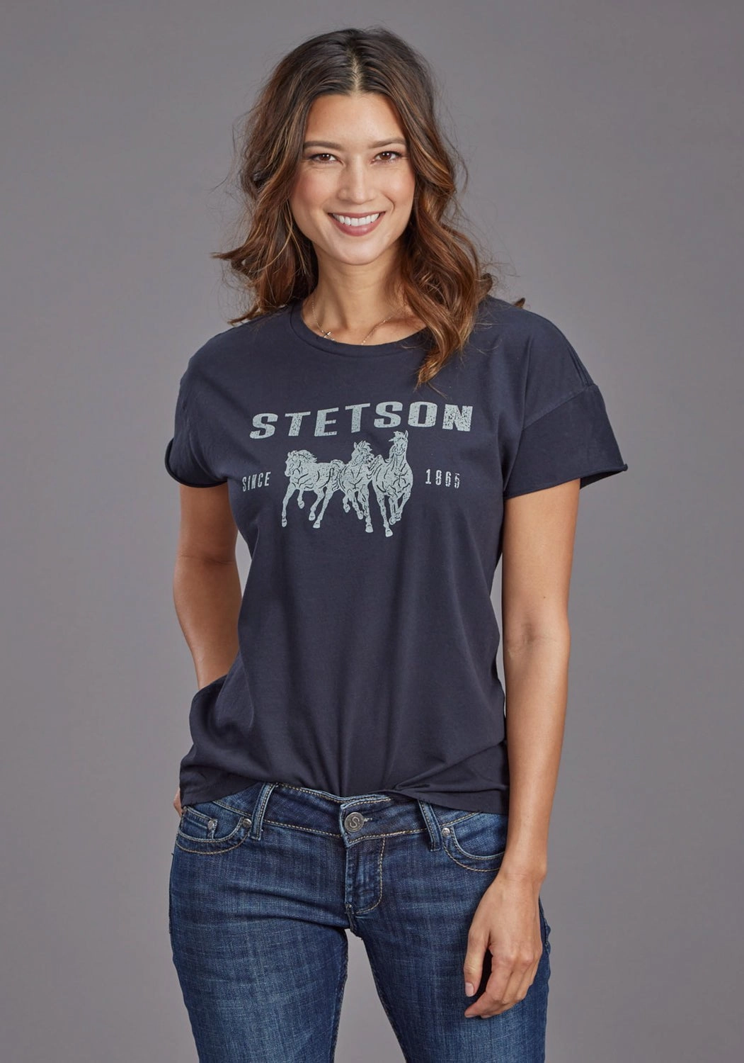 Stetson Womens Running Horses Black 100% Cotton S/S T-Shirt Versatile Design