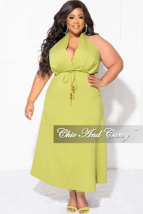 Final Sale Plus Size Halter V Neck Dress in Lime Cozy Casual