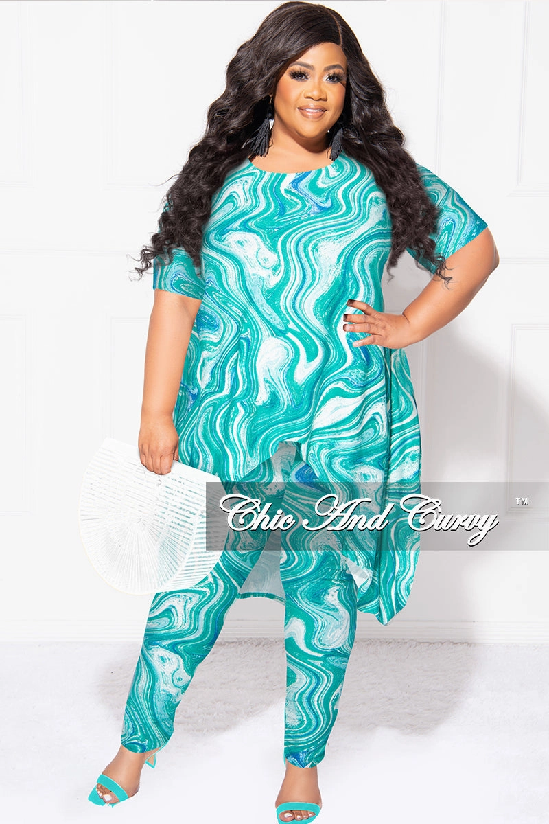 Polyester fabric Final Sale Plus Size 2pc Short Sleeve High Low Top And Leggings Set In Green Blue and White