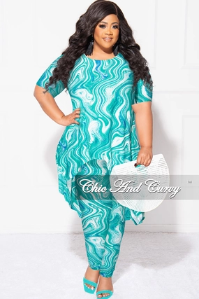 Air Comfort Final Sale Plus Size 2pc Short Sleeve High Low Top And Leggings Set In Green Blue and White
