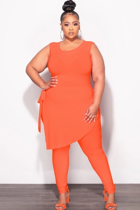 Slim Shape Anti Pilling Surface Final Sale Plus Size 2pc Sleeveless Top and Pants Set in Orange