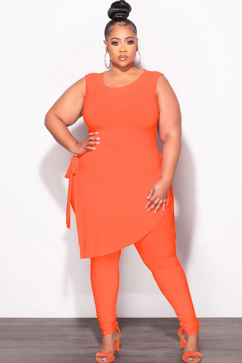 Slim Shape Anti Pilling Surface Final Sale Plus Size 2pc Sleeveless Top and Pants Set in Orange