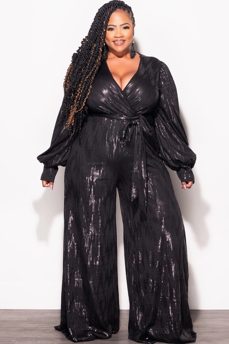 Variable Tension Adjustment Recycled Polyester Final Sale Plus Size Faux Wrap Tie Jumpsuit in Black Faux Sequin