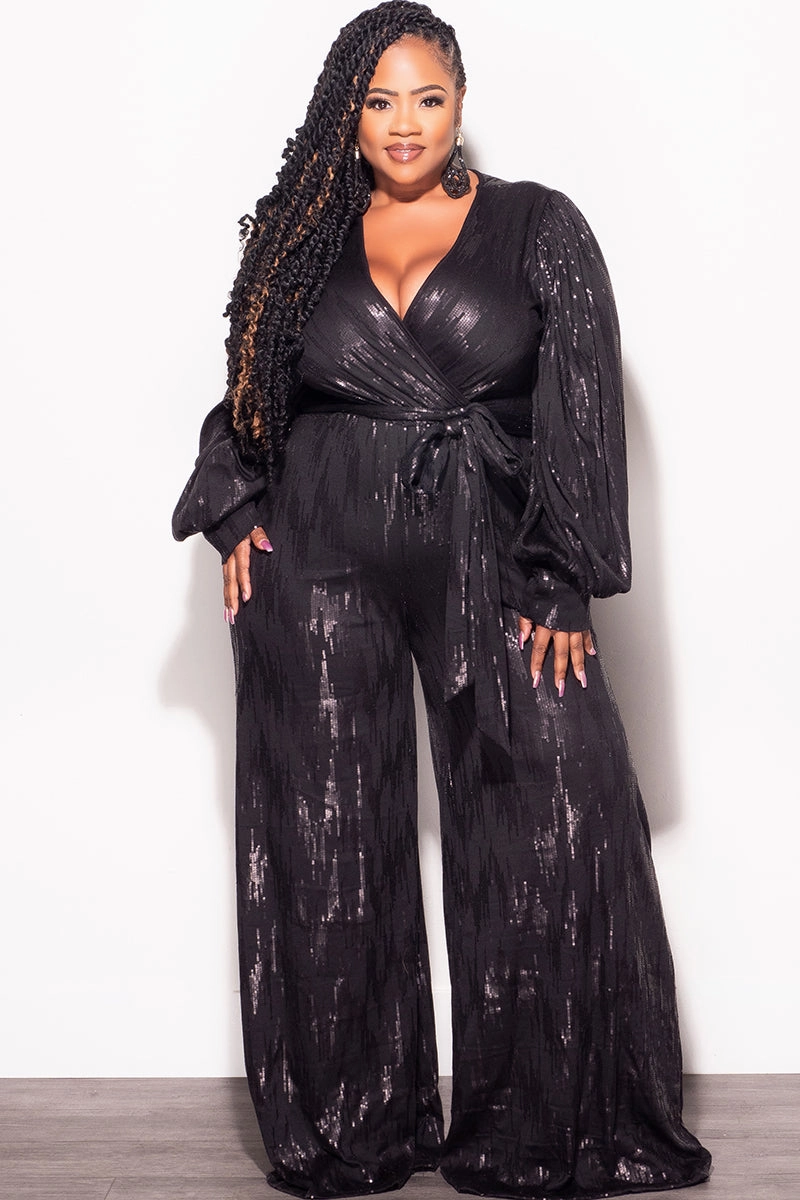 Final Sale Plus Size Faux Wrap Tie Jumpsuit in Black Faux Sequin Double Stitched Hem Snag Resistant Surface