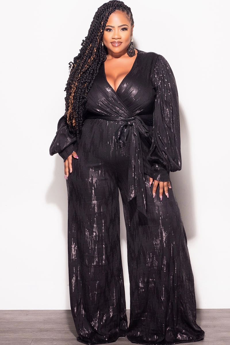 Final Sale Plus Size Faux Wrap Tie Jumpsuit in Black Faux Sequin MoistureWicking Technology Fashionable Piece