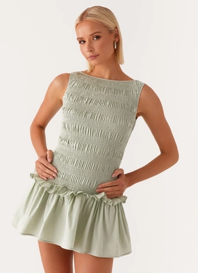Artistic Detail Draped Silhouette Garden Kisses Shirred Mini Dress - Sage