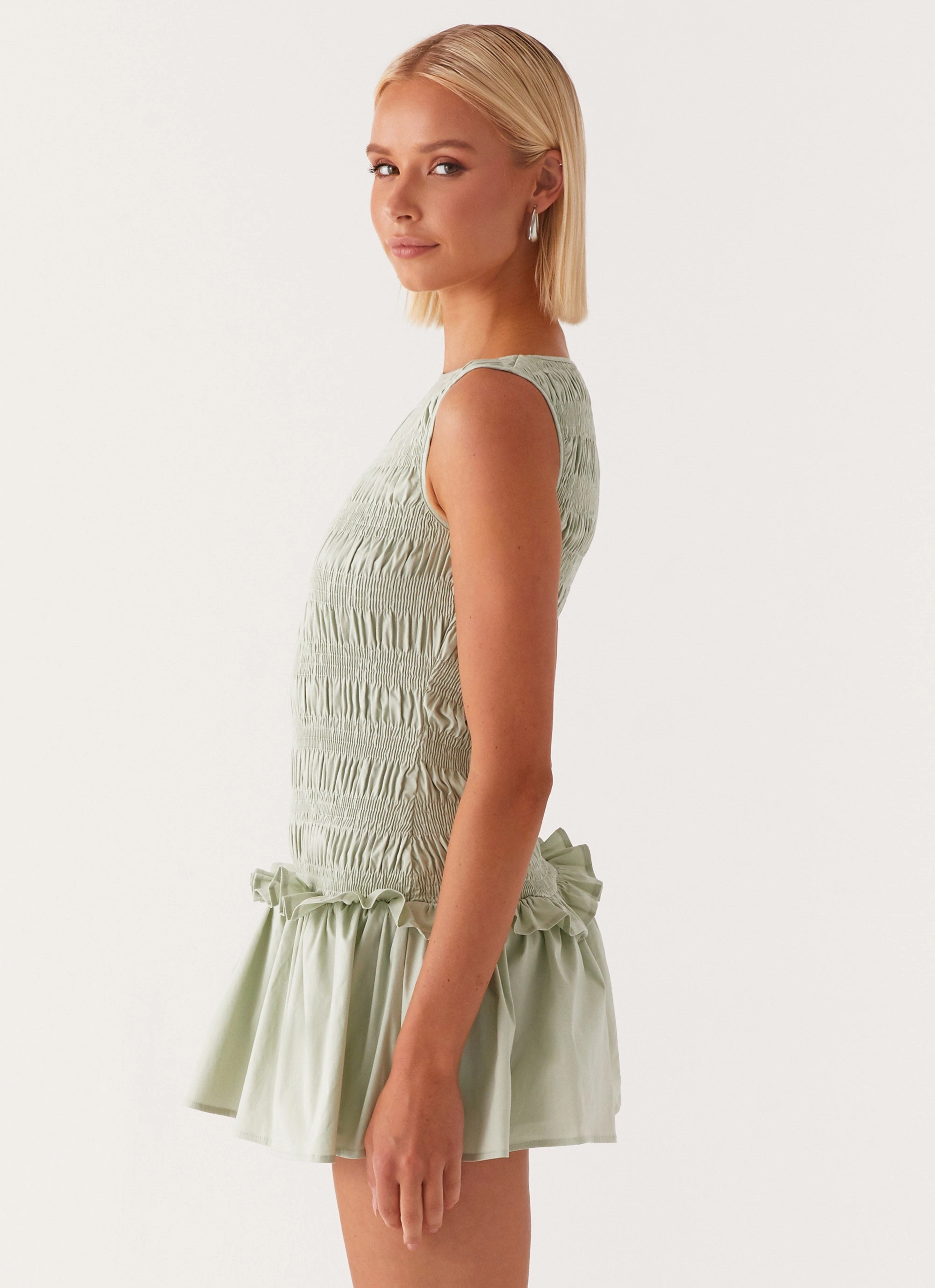 Effortless Layer Wear Garden Kisses Shirred Mini Dress - Sage