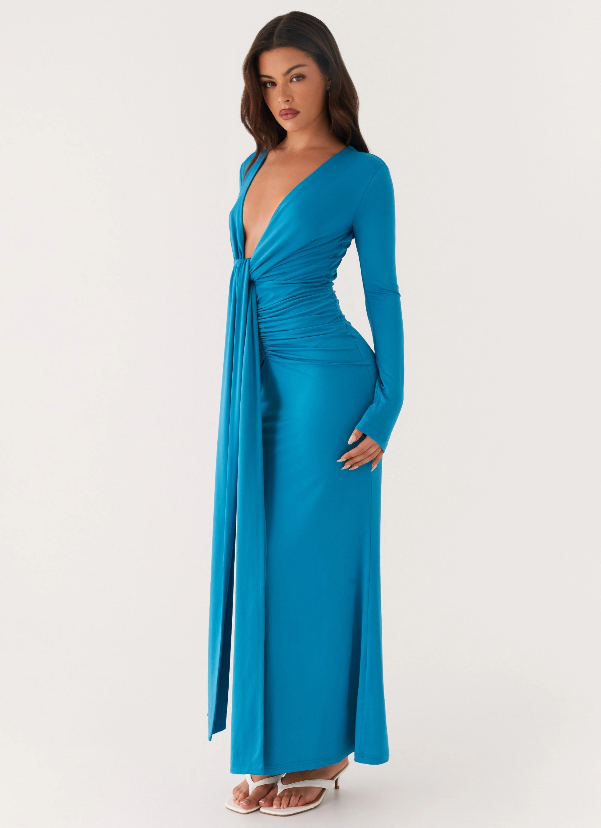 Mermaid-Hem Relaxed Vibe Miesha Long Sleeve Maxi Dress - Blue