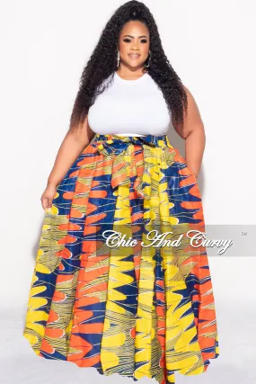 Final Sale Plus Size High Waist Maxi Skirt with Tie in Royal Blue Orang and Yellow Design Print Soft Waistband Odor Resistant Treatment