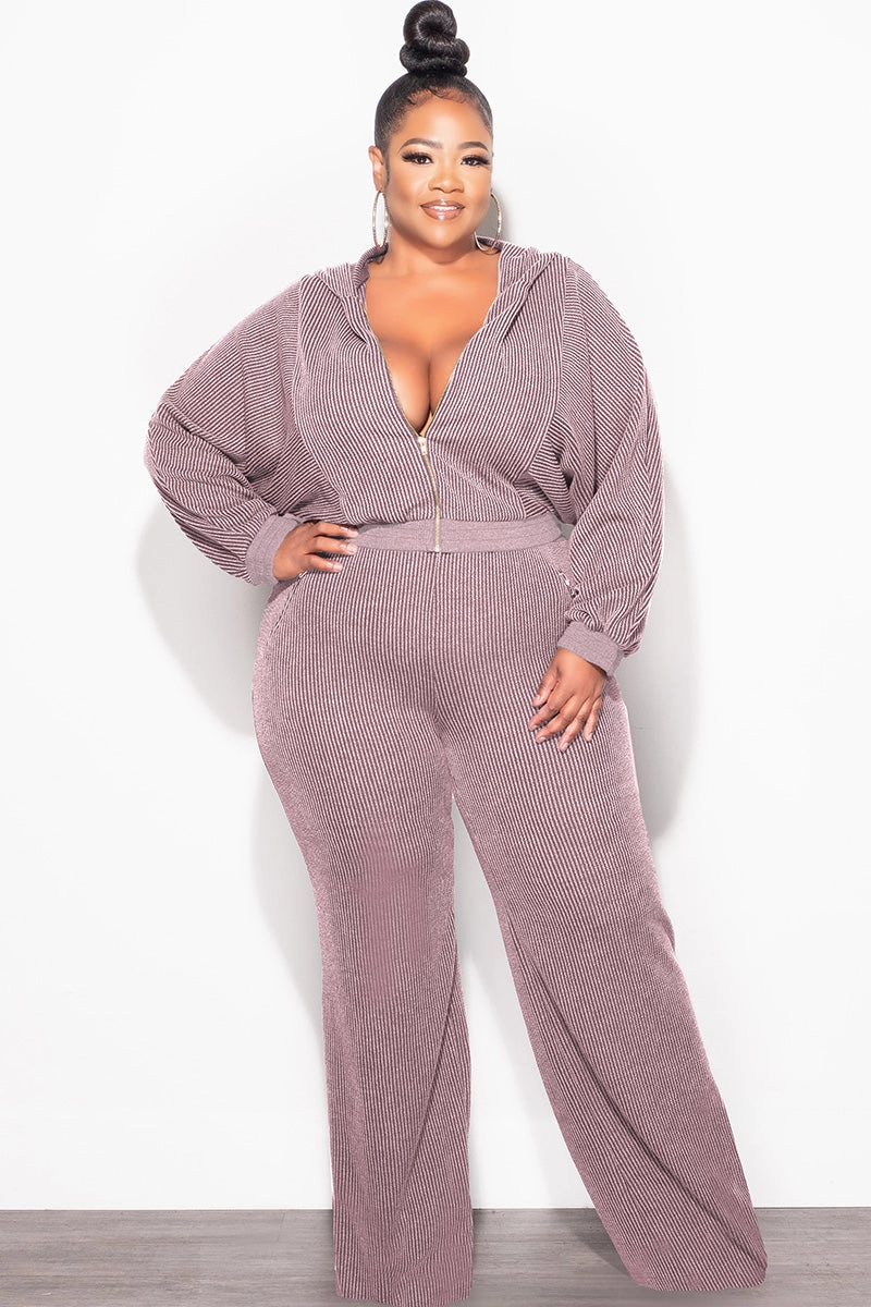 Final Sale Plus Size Plush Ribbed 2pc Hooded Zip-Up Jacket and Pants Set in Lavender Minimalist Design
