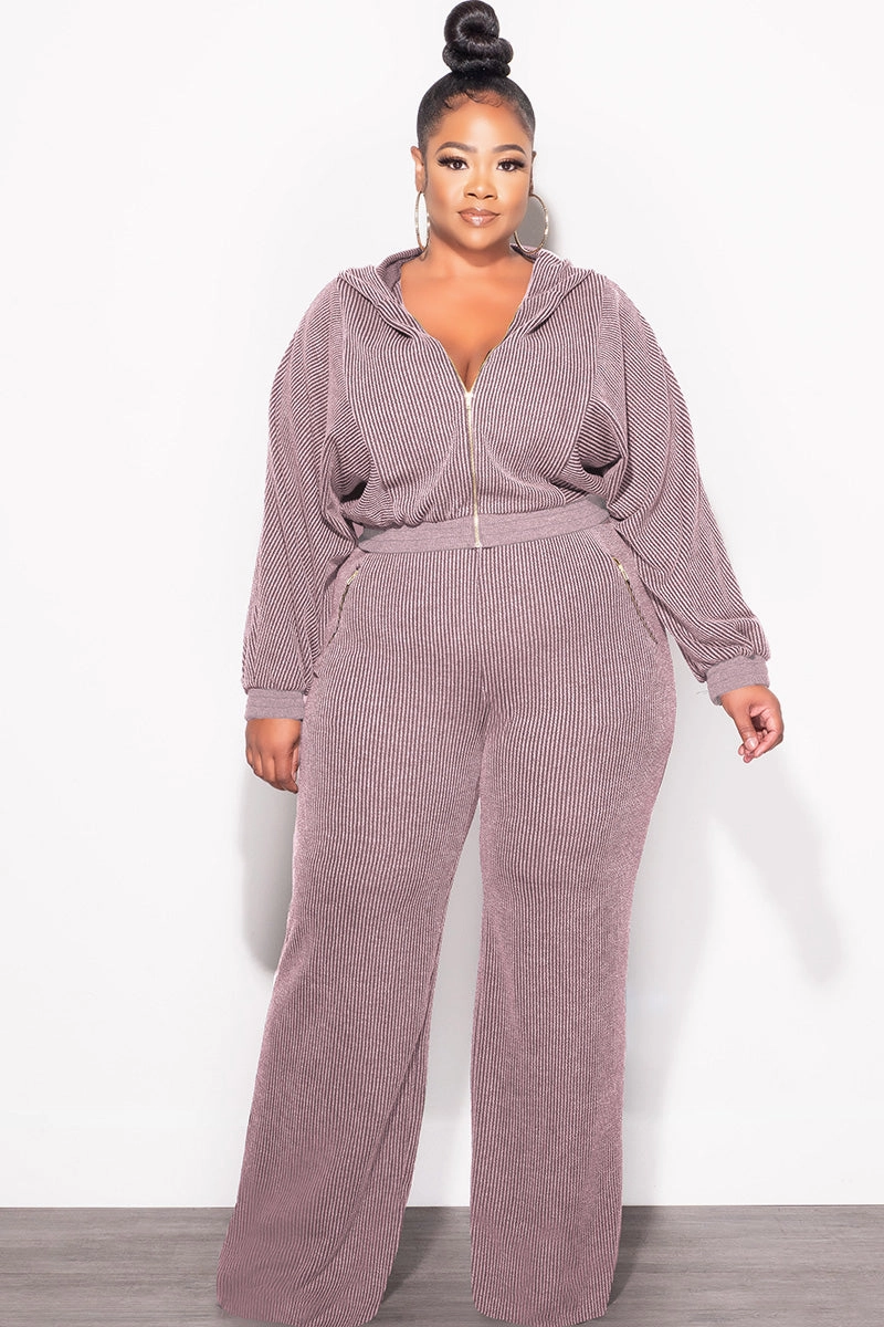 Final Sale Plus Size Plush Ribbed 2pc Hooded Zip-Up Jacket and Pants Set in Lavender Quick Wash Stay Comfortable